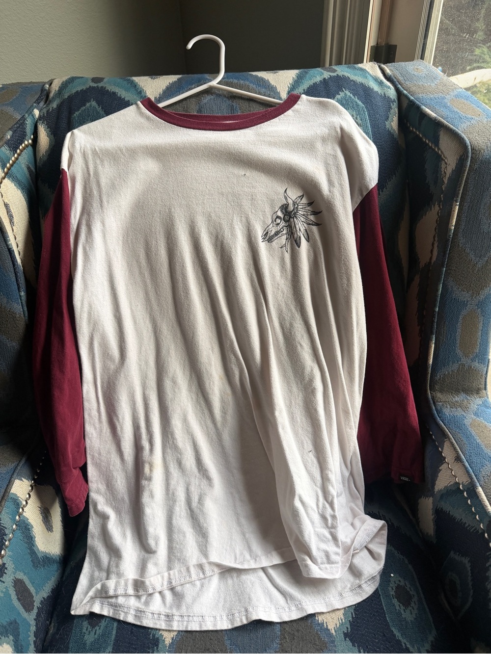 Vans White Raglan Long Sleeve Tee with Burgundy Sleeves